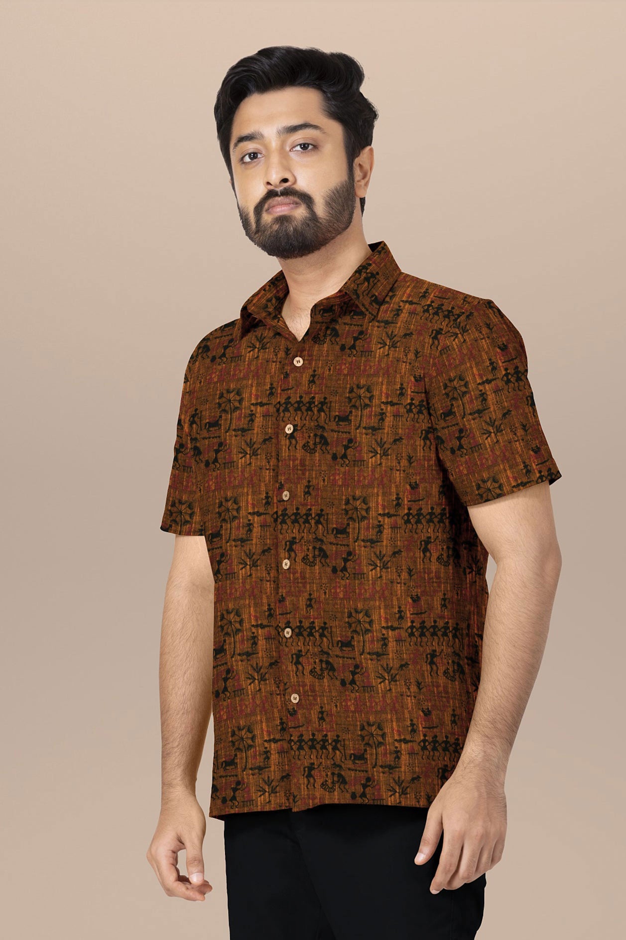 Regular Collar With Warli Printed Brown Cotton Shirt – Sundari Silks