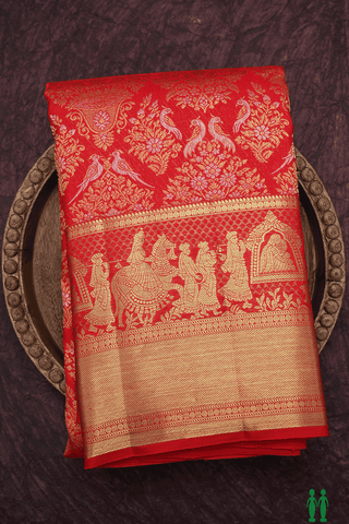 Traditional Border Brocade Scarlet Red Kanchipuram Silk Saree