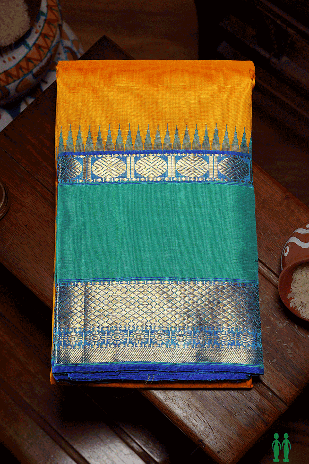 Traditional Border Saffron Yellow Kanchipuram Silk Saree