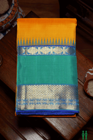 Traditional Border Saffron Yellow Kanchipuram Silk Saree