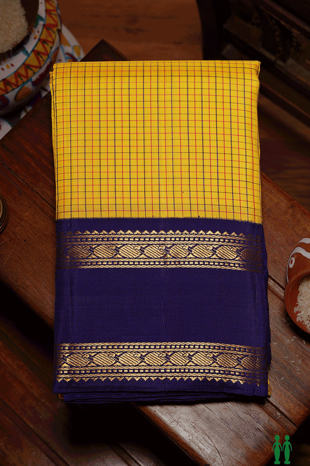 Checked Design Saffron Yellow Kanchipuram Silk Saree