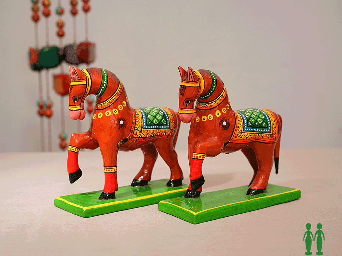 Wooden Handicraft Horse Statue Set Of 2 For Home Decor