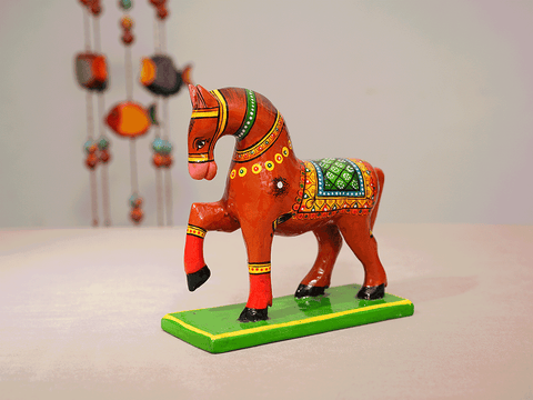 Wooden Handicraft Horse Statue Set Of 2 For Home Decor