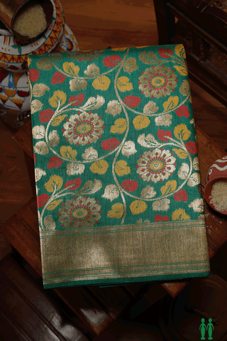 Floral Jaal Design Forest Green Tussar Banarasi Silk Saree