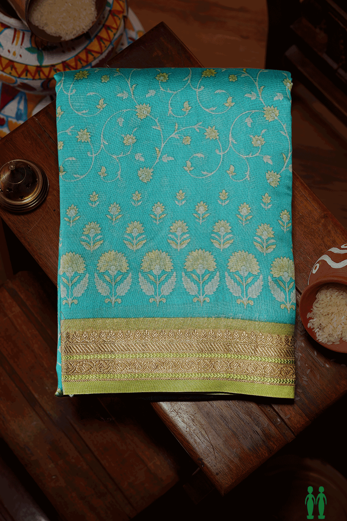 Allover Floral Printed Ramar Green Chanderi Cotton Saree