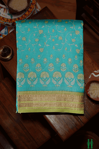 Allover Floral Printed Ramar Green Chanderi Cotton Saree