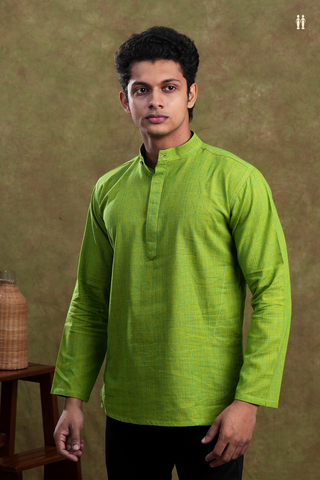 Chinese Collar Plain Parrot Green Cotton Short Kurta