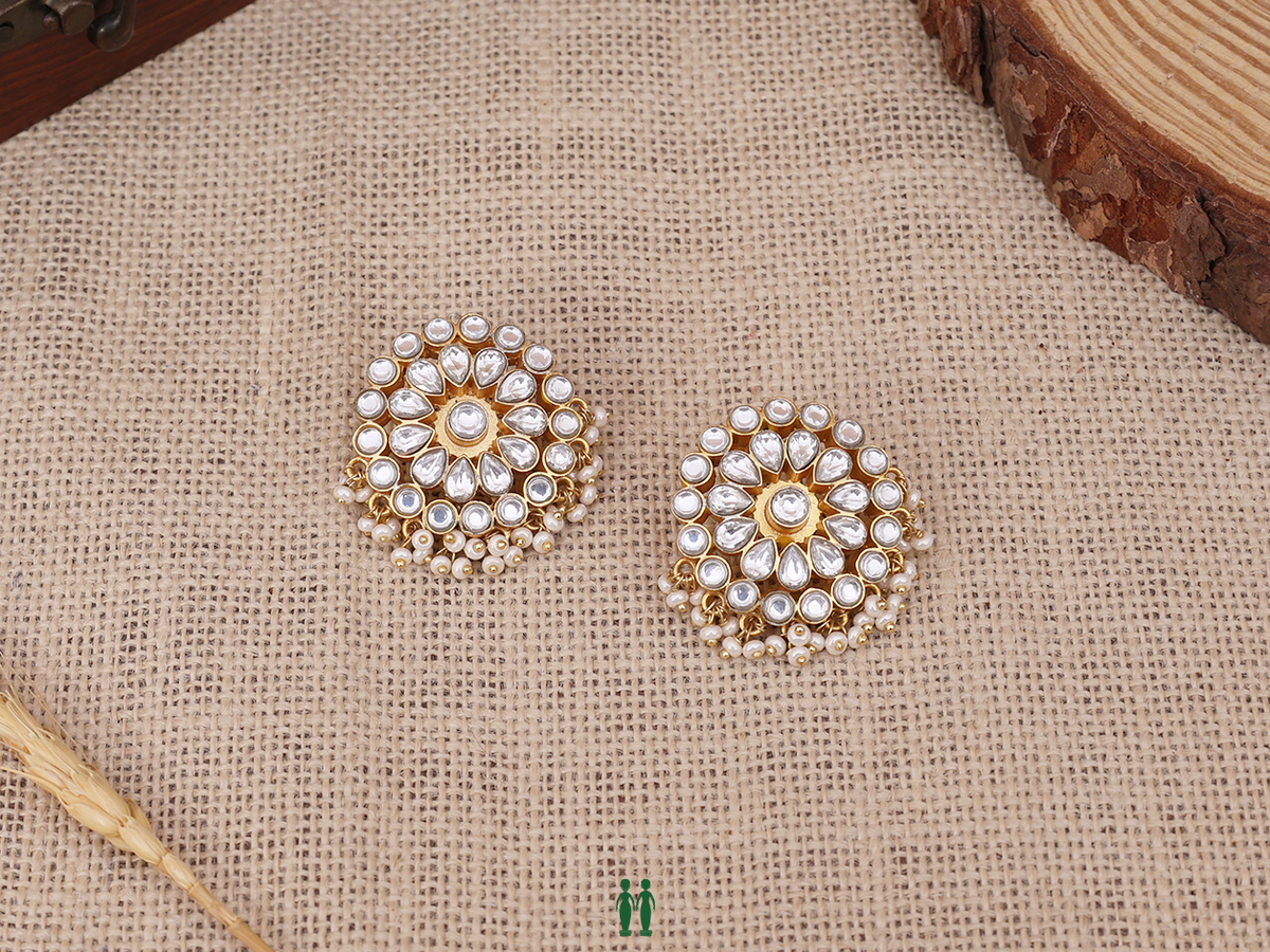 Crystal Stone With Beads Gold Plated Silver Earrings