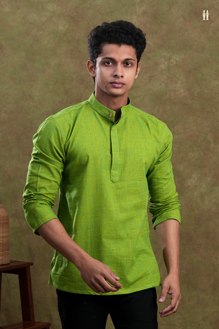 Chinese Collar Plain Parrot Green Cotton Short Kurta