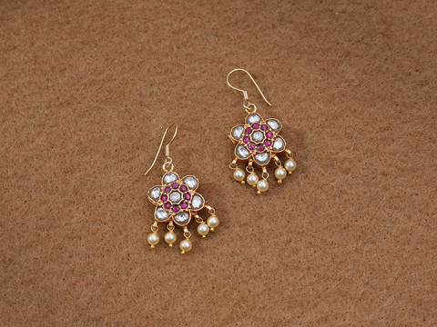 Crystal And Pink Stone Gold Plated Silver Hook Earrings