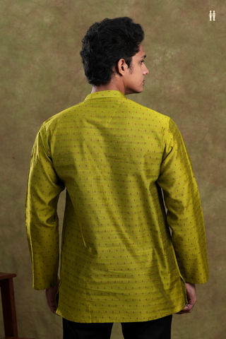 Chinese Collar Threadwork Buttis Green Raw Silk Short Kurta