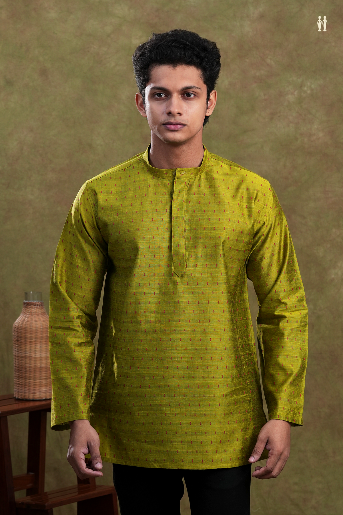 Chinese Collar Threadwork Buttis Green Raw Silk Short Kurta