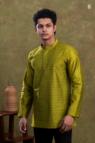 Chinese Collar Threadwork Buttis Green Raw Silk Short Kurta