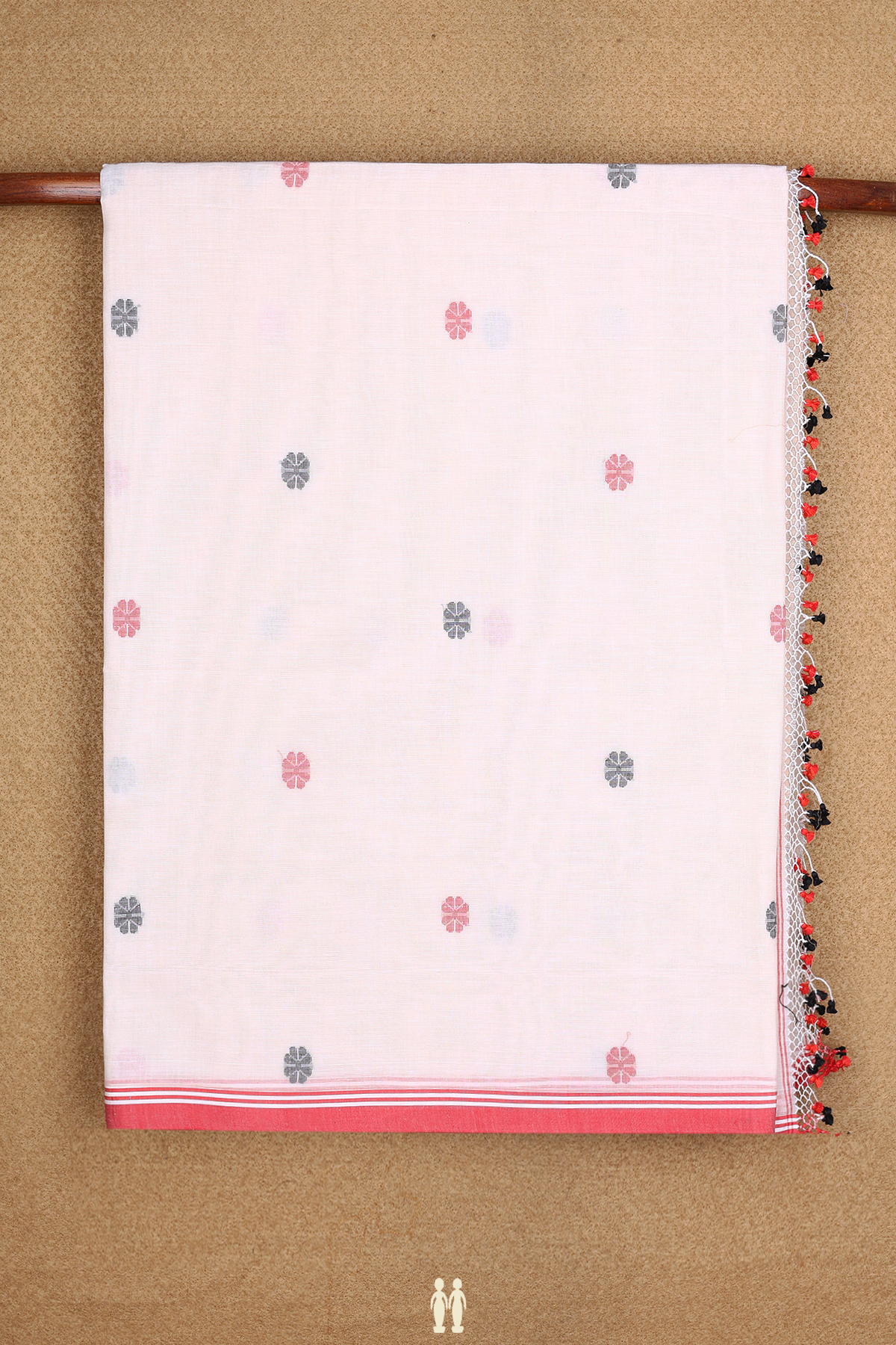 Floral Thredwork Buttas Beige Bengal Cotton Saree