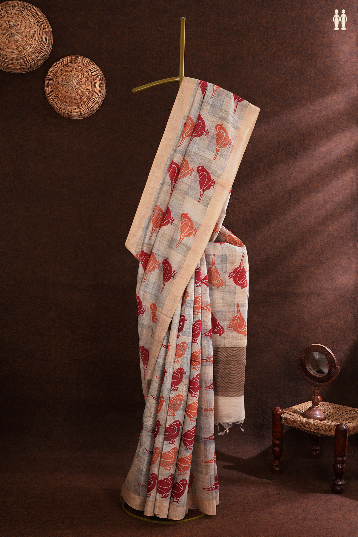 Tussar Silk Saree In Beige With Birds Printed Design