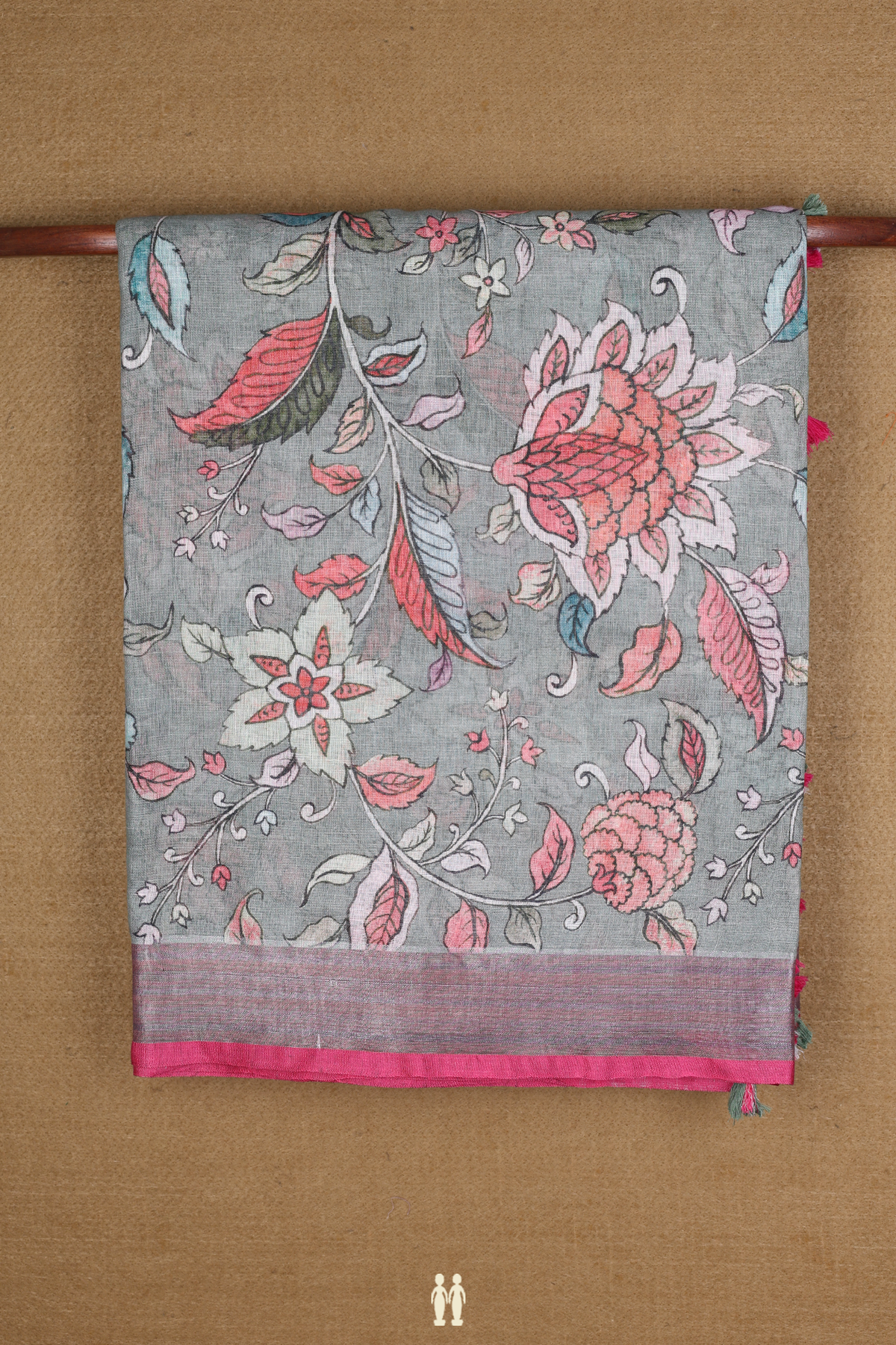 Linen Saree In Sage Green With Floral Printed Design