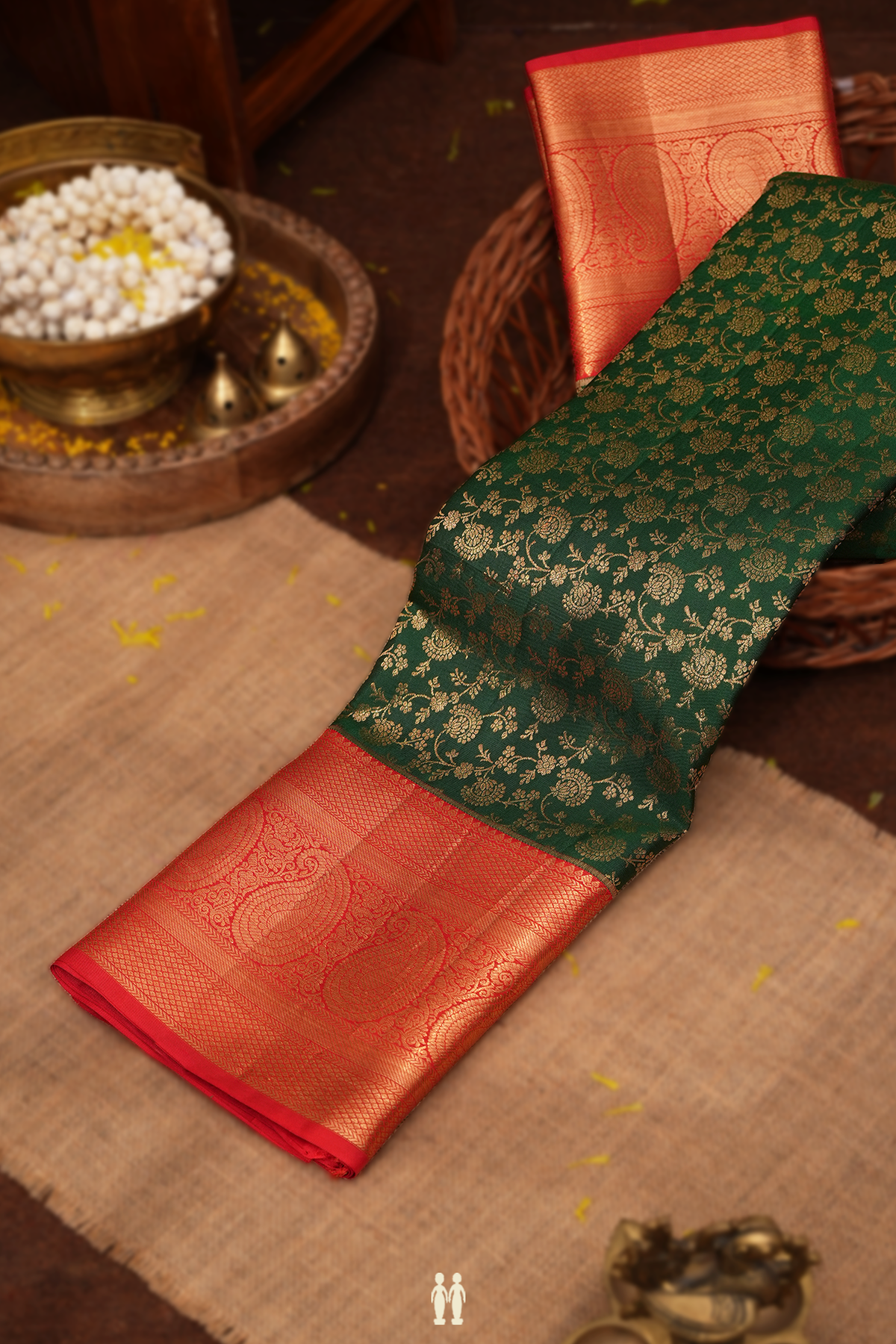 Kanchipuram Silk Saree In Dark Green With Floral Design