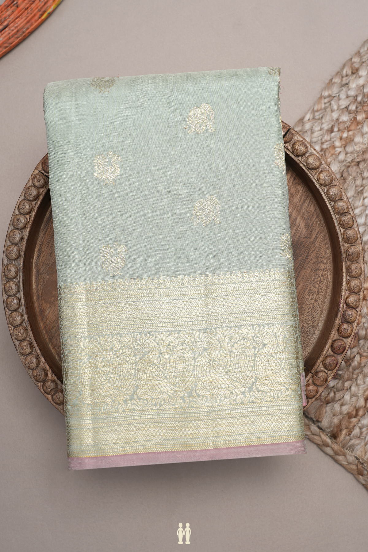 Peacock Elephant Motifs Green Beige Kanchipuram Silk Saree