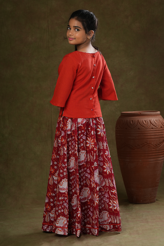 Round Neck Floral Design Red Jaipur Cotton Top And Skirt Set