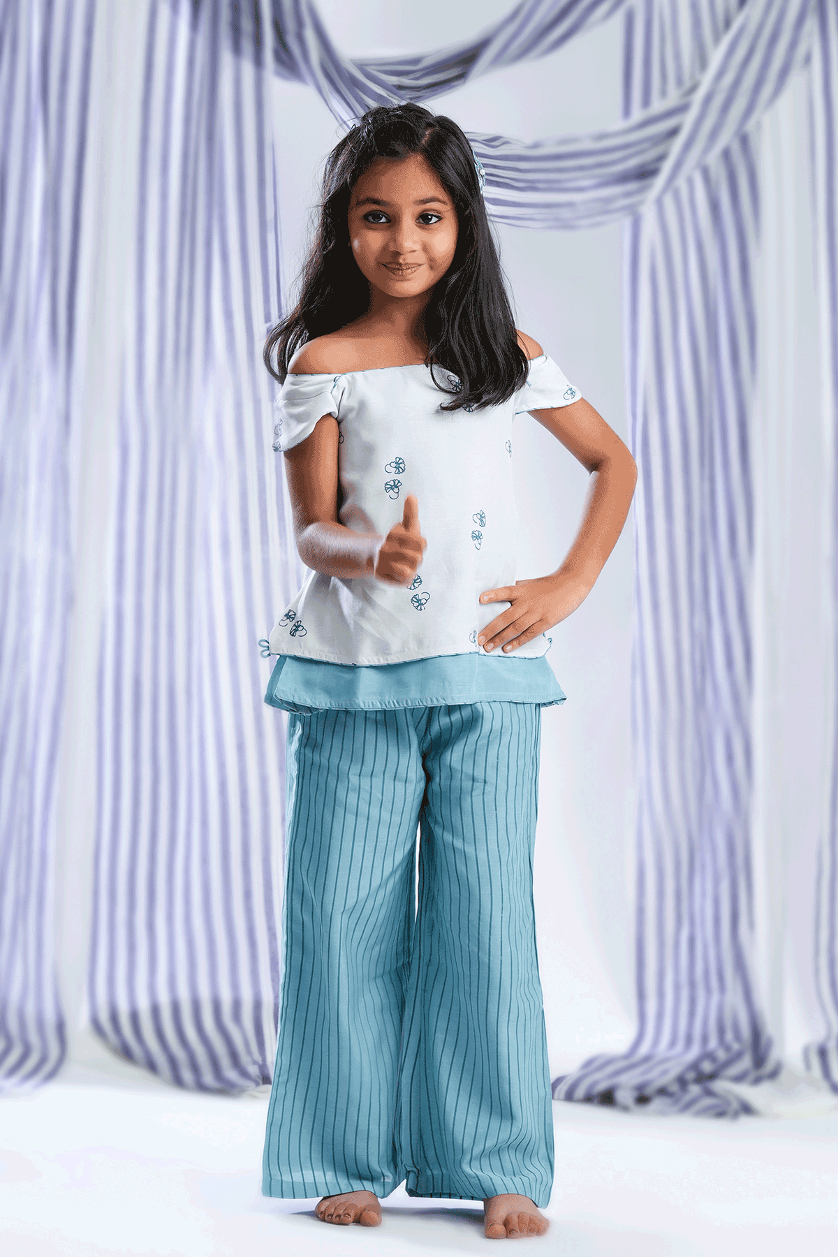 Floral Printed White And Blue Muslin Silk Top And Bottom Set