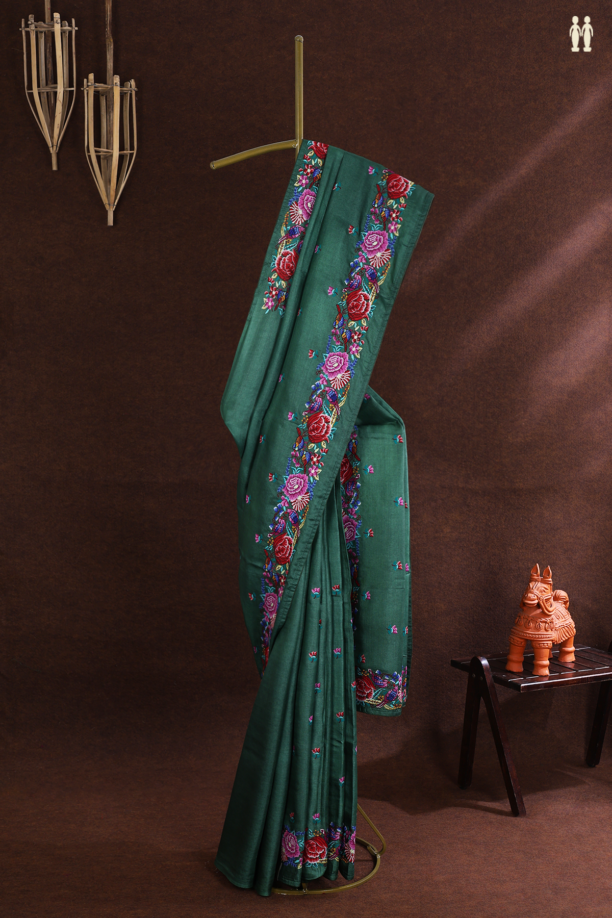 Tussar Silk Saree In Forest Green With Embroidered Motifs