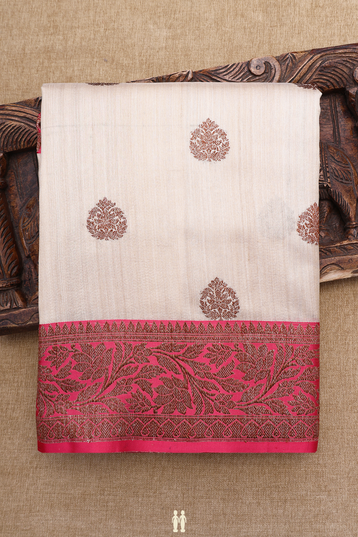 Floral Threadwork Motifs Beige Tussar Banarasi Silk Saree