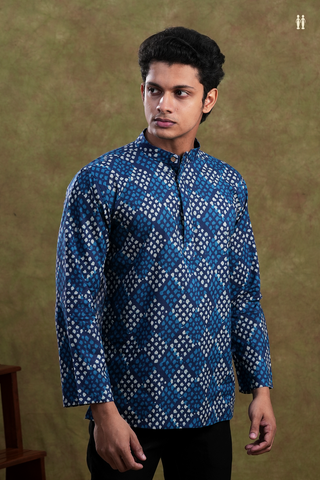 Chinese Collar Allover Design Berry Blue Cotton Short Kurta