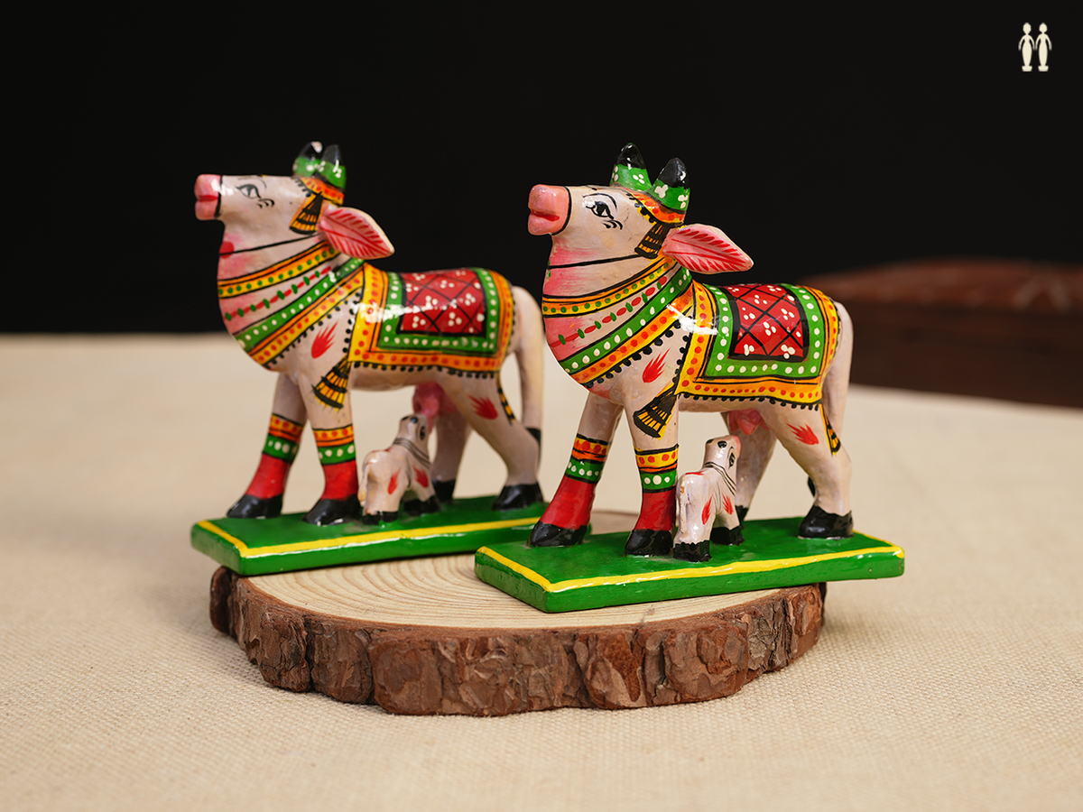 Handicraft Cow And Calf Set Of 2 Wooden For Show Piece