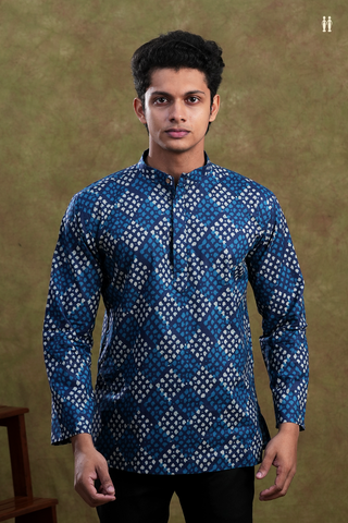 Chinese Collar Allover Design Berry Blue Cotton Short Kurta