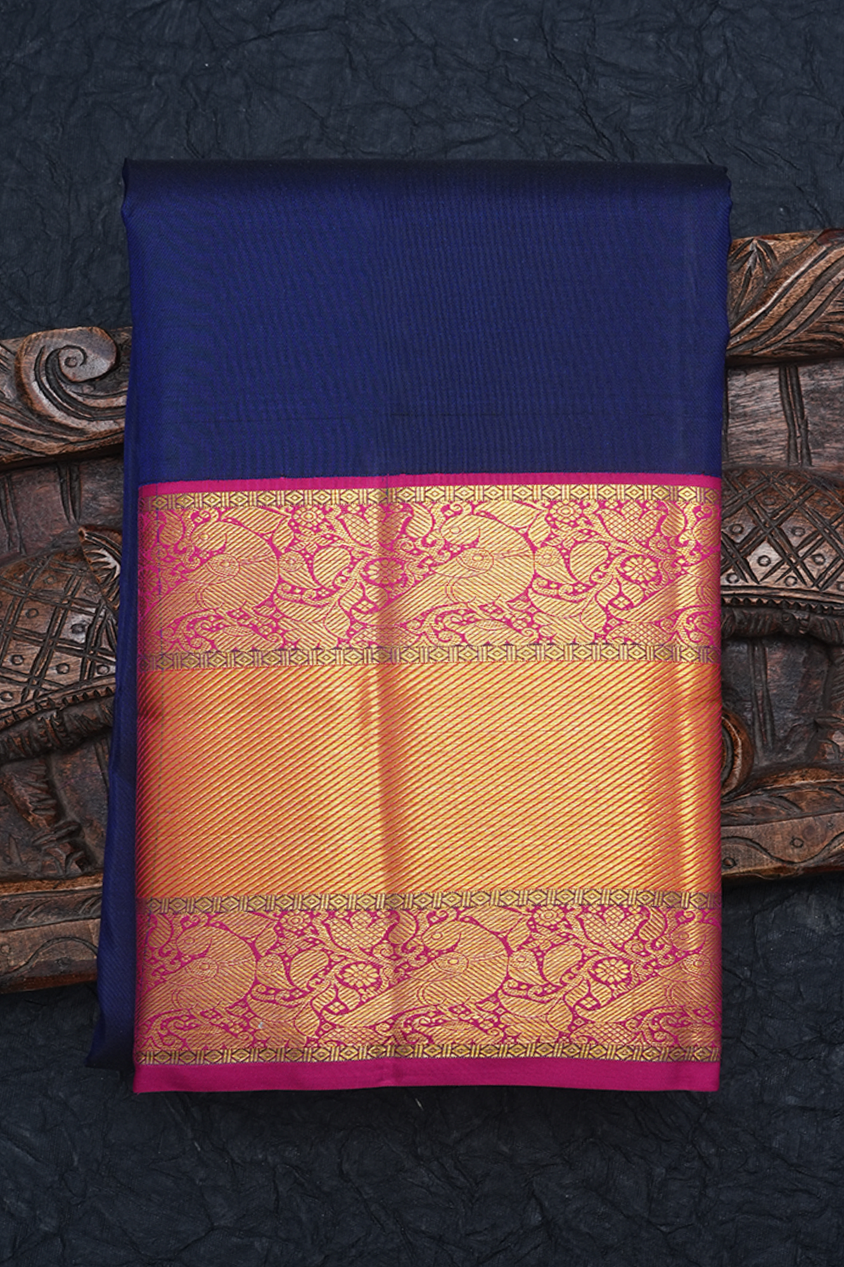 Kanchipuram pure silk in navy blue with magenta saree – www.vannamayil.com