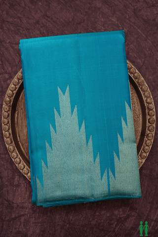 Temple Border Plain Teal Blue Kanchipuram Silk Saree