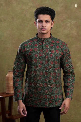 Chinese Collar Floral Design Dark Green Cotton Short Kurta