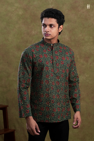 Chinese Collar Floral Design Dark Green Cotton Short Kurta