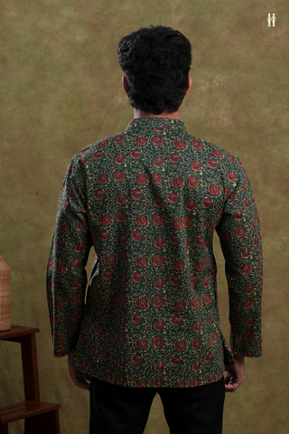 Chinese Collar Floral Design Dark Green Cotton Short Kurta