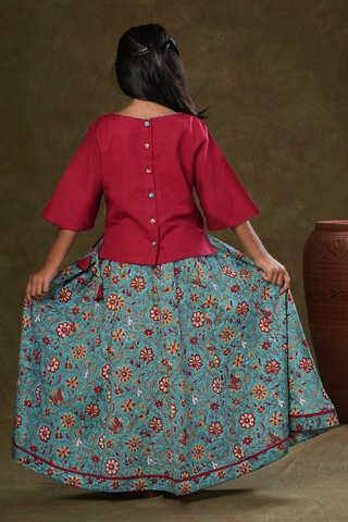 Floral Design Red And Blue Jaipur Cotton Top And Skirt Set