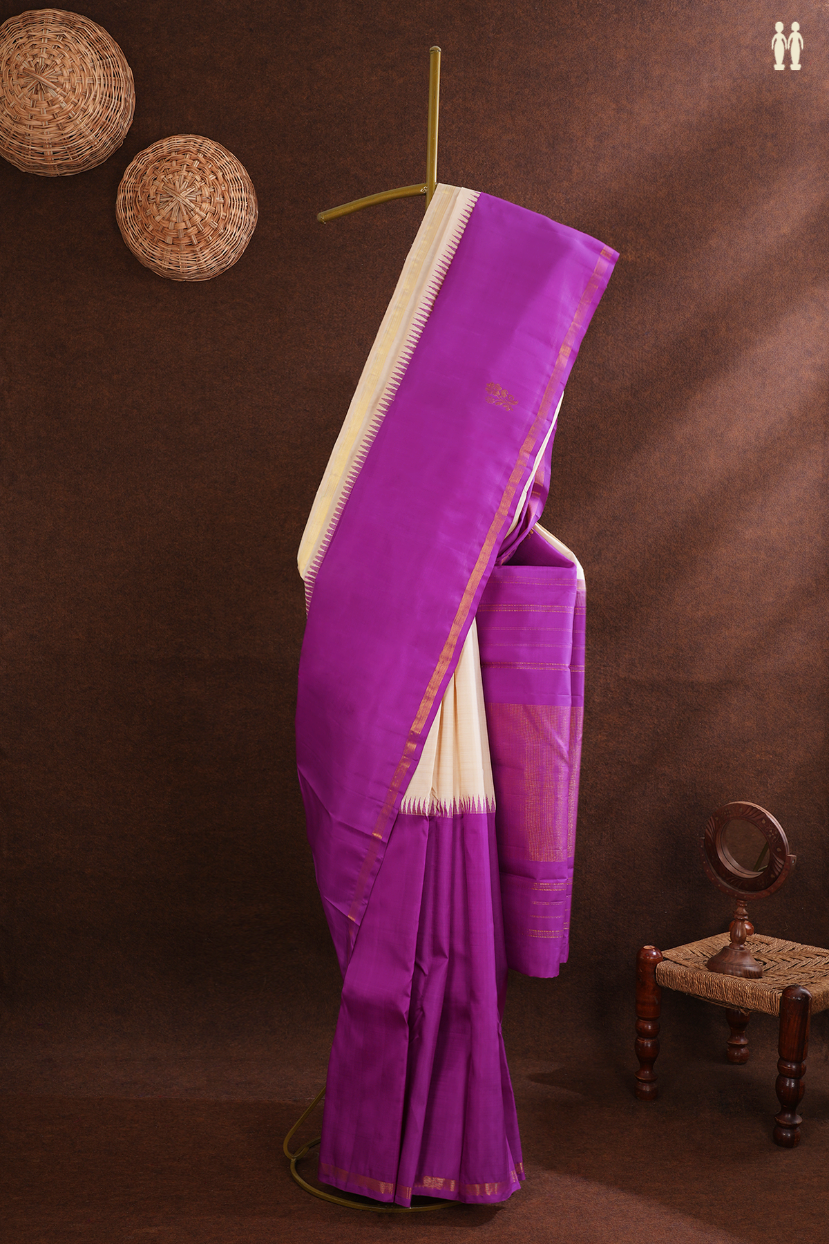 Kanchipuram Silk Saree In Purple Ivory Along Half And Half