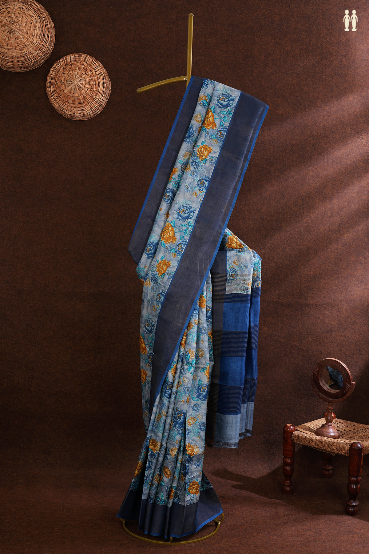 Tussar Silk Saree In Steel Blue With Allover Floral Printed