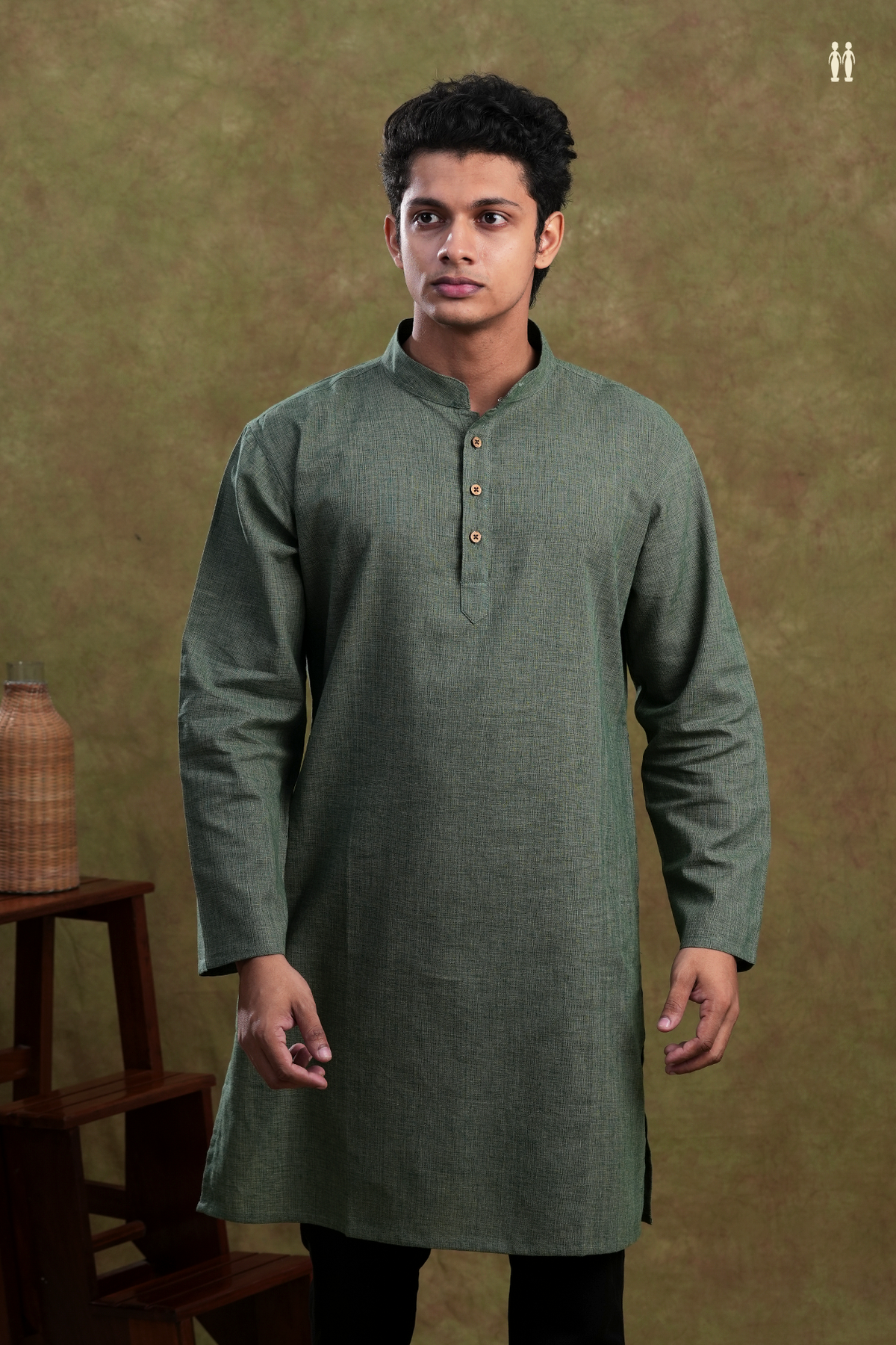 Chinese Collar Plain Chalet Green Cotton Long Kurta