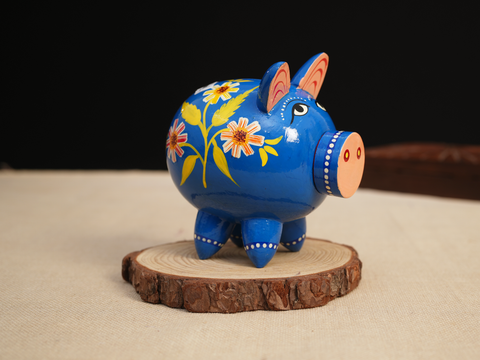 Wooden Hand Painted Blue Piggy Bank For Kids