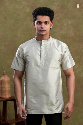 Chinese Collar Plain Green Beige Silk Short Kurta