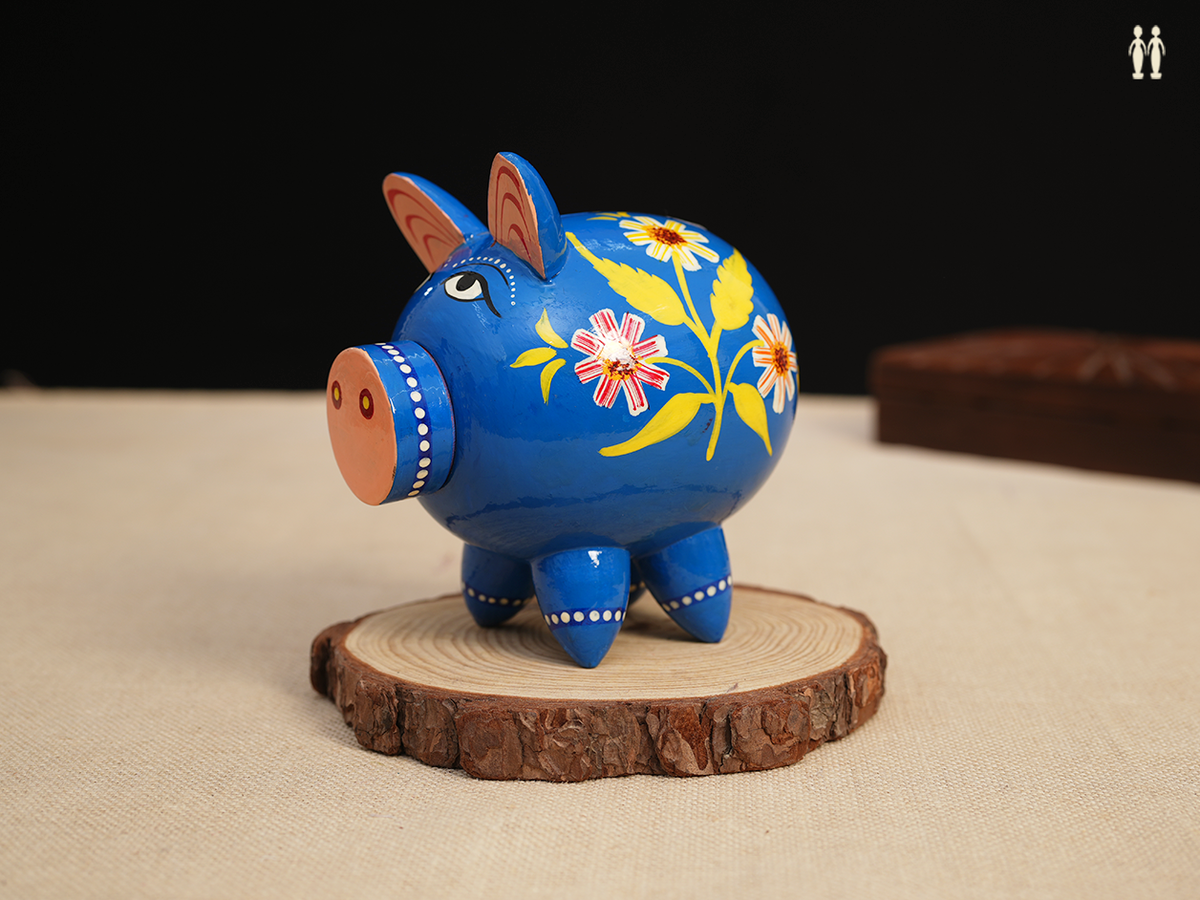 Wooden Hand Painted Blue Piggy Bank For Kids