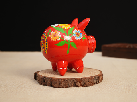 Wooden Hand Painted Red Piggy Bank For Kids