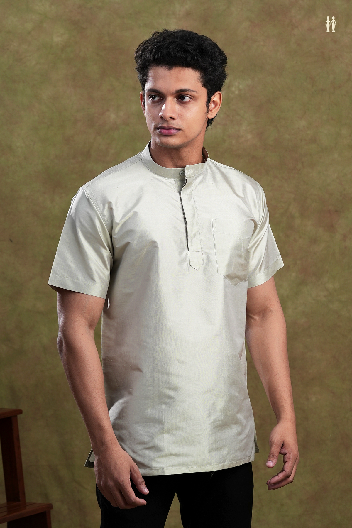 Chinese Collar Plain Green Beige Silk Short Kurta