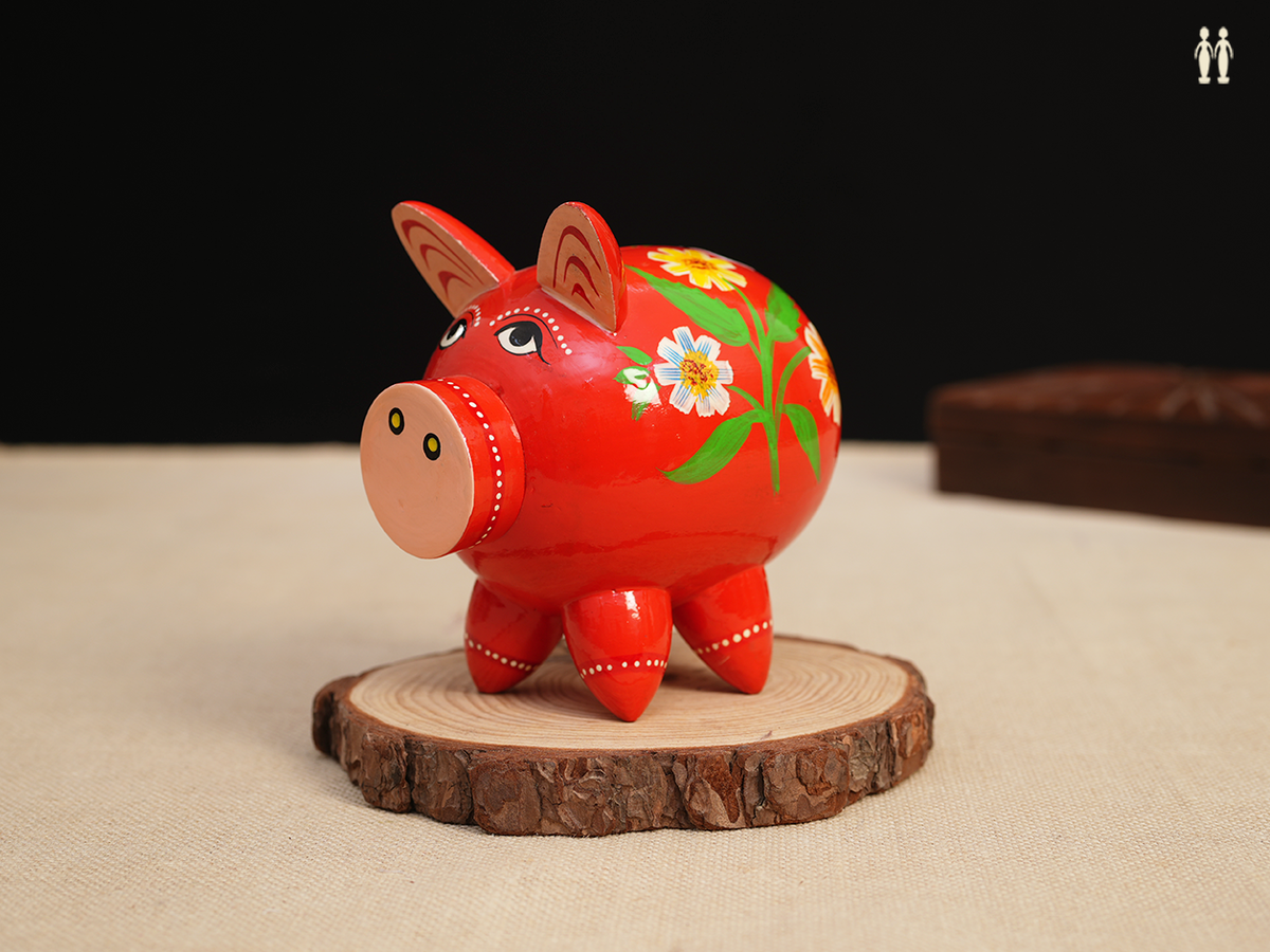 Wooden Hand Painted Red Piggy Bank For Kids