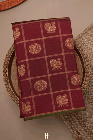 Checks With Buttas Dark Maroon Kanchipuram Silk Saree