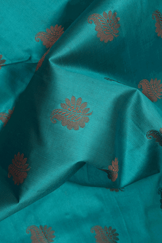 Floral Threadwork Motifs Deep Teal Blue Raw Silk Saree