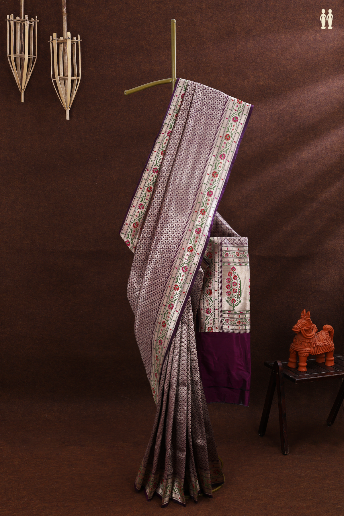 Banarasi Silk Saree In Regal Purple With Floral Buttis