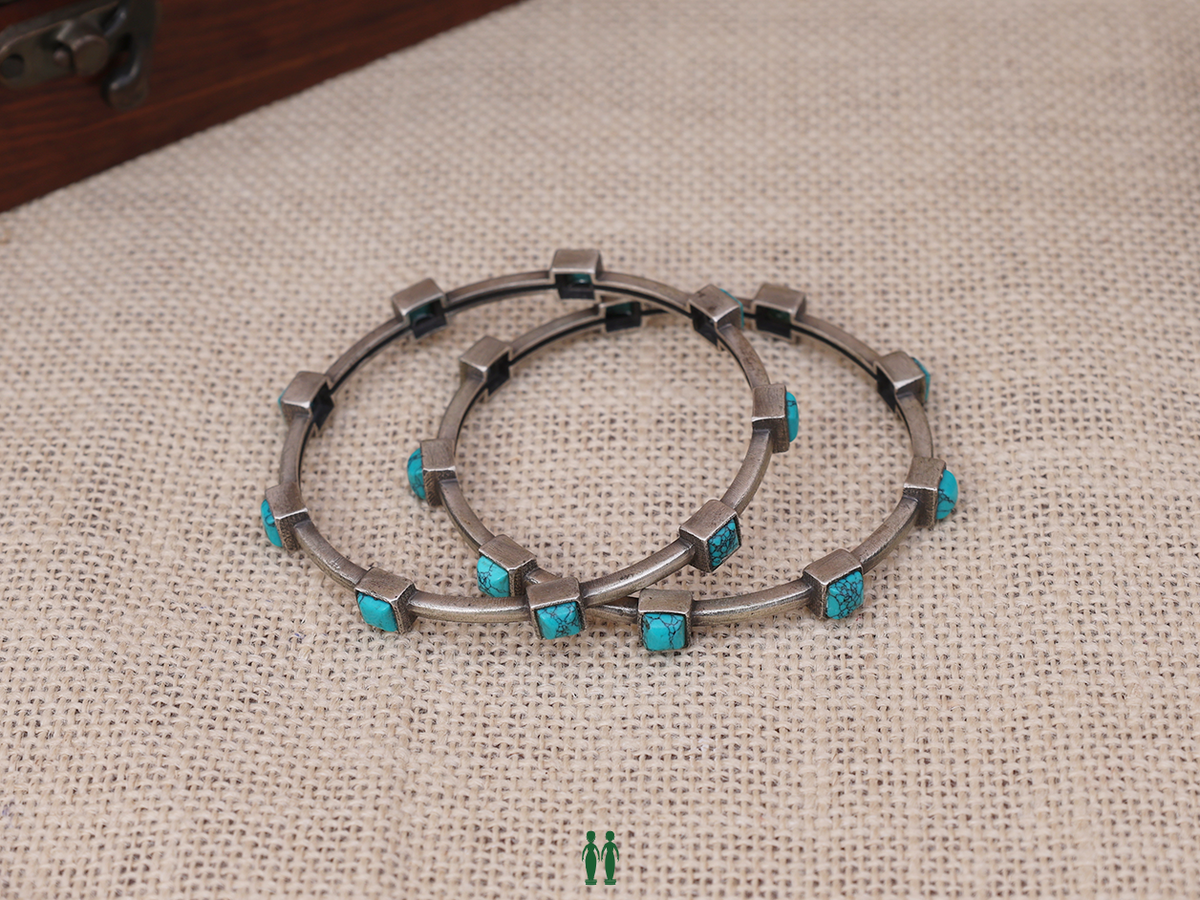 Pure Silver With Oxidized Finishing Turquoise Stone Bangles