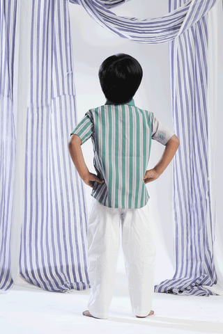 Regular Collar Stripes Design Pale Purple And Green Semi Linen Shirt