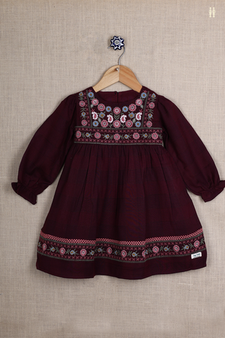 Round Neck Floral Design Plum Purple Cotton Frock